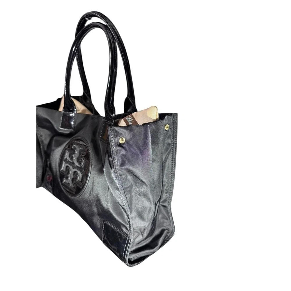 Tory Burch Black Nylon Patent Leather Tote Bag